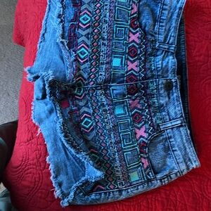 Celebrity Pink Blue Denim Cutoff Shorts with Multicolor Embroidery